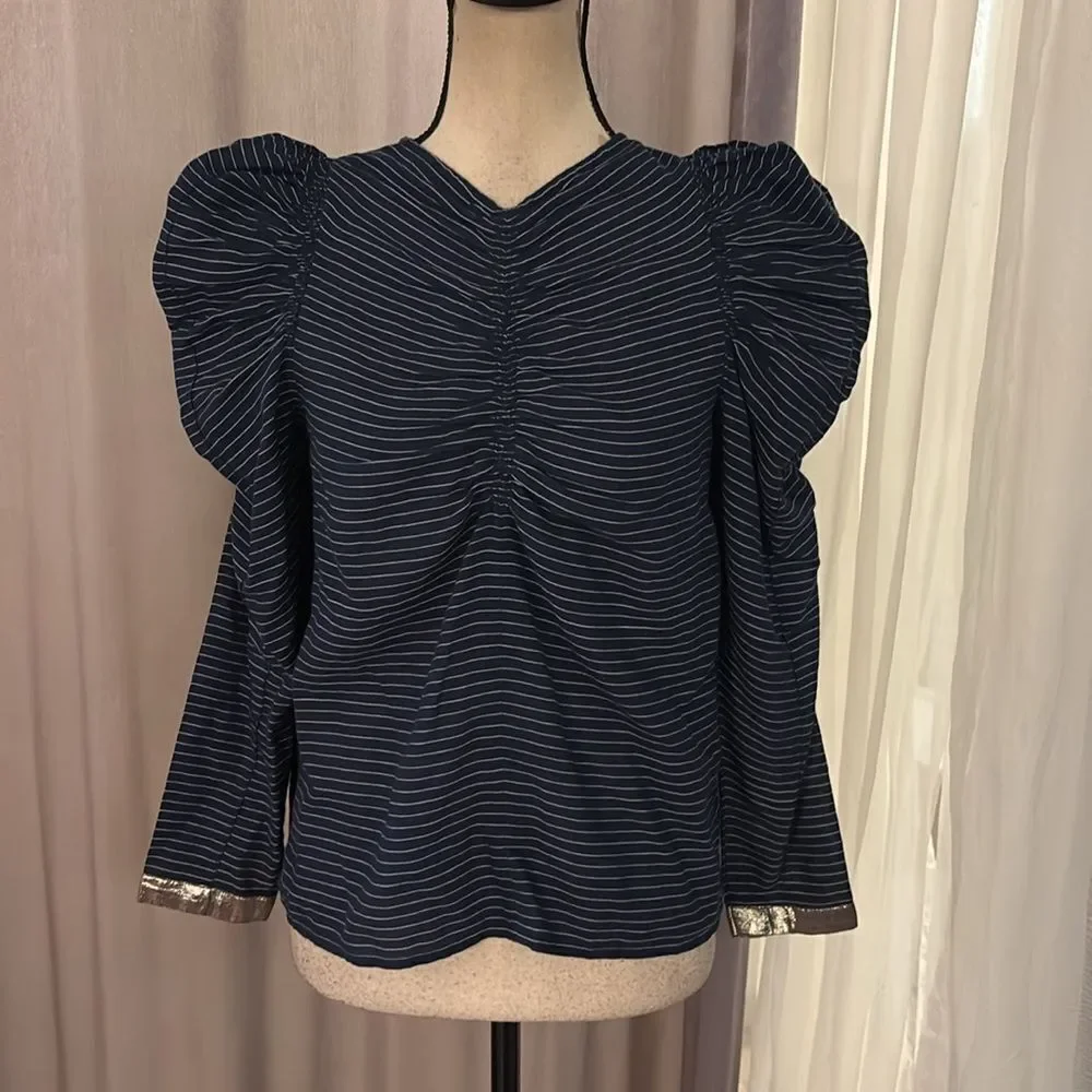 Ulla Johnson Striped Navy Top with Puff Sleeves, US2